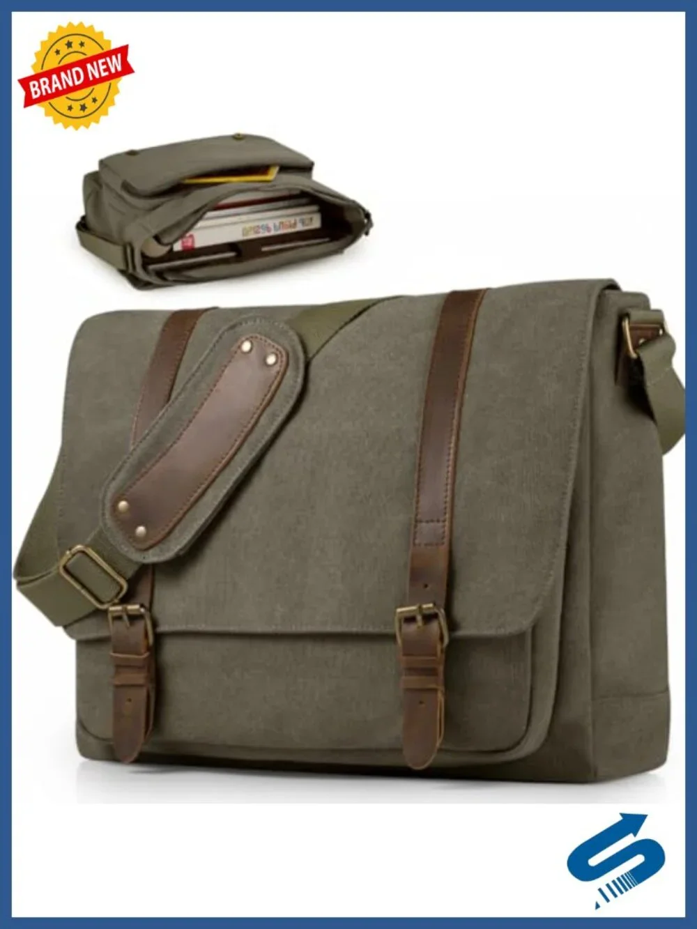 Vintage Canvas Messenger Laptop Bag for Men 15.6-16 inch Padded Shoulder Satchel
